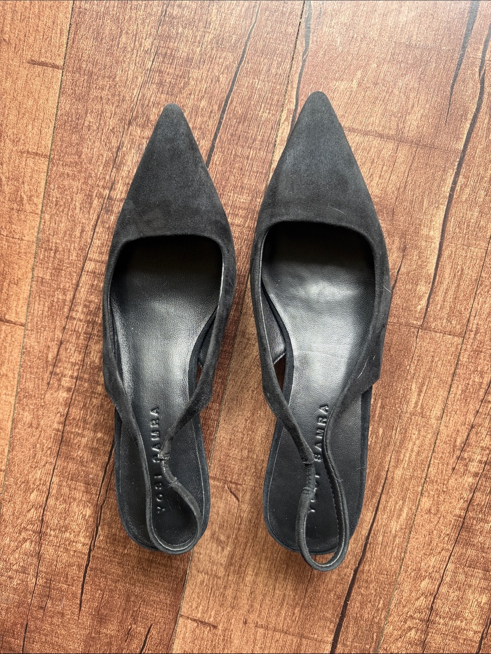YOSI SAMRA Black Suede Pointed Toe Slingback 1” Kitten Heel